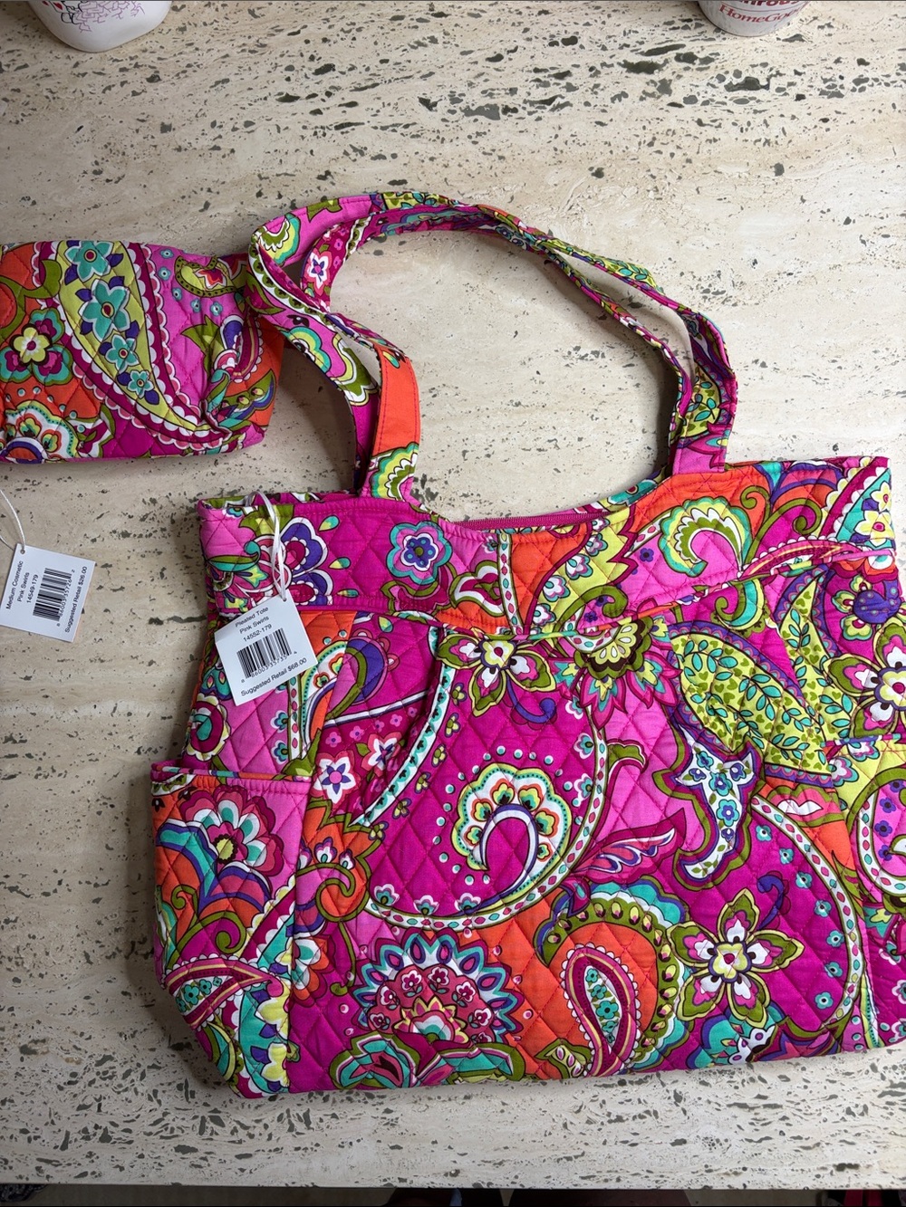 Vera Bradley Pink Swirls Pleated Tote & Medium Cosmetic Set